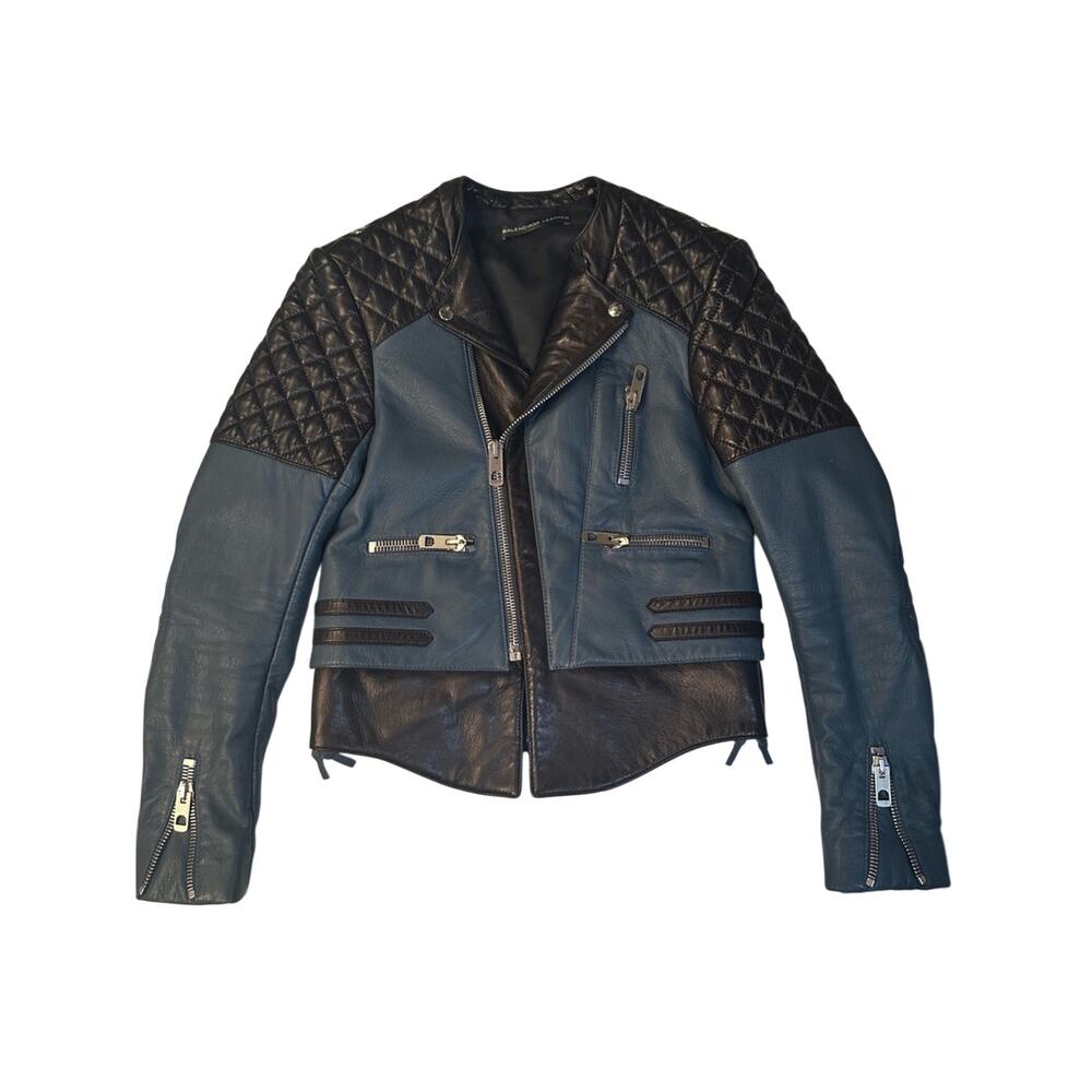 Balenciaga .Leather Quilted Biker Jacket IT 36 US 4 Black & Blue 2011 Authentic